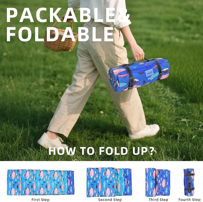 Picnic Blanket, 80x80 Inches, White Fish Pattern, Double Thickened with 150g Cotton, Portable Foldable with Leather Carry Strap