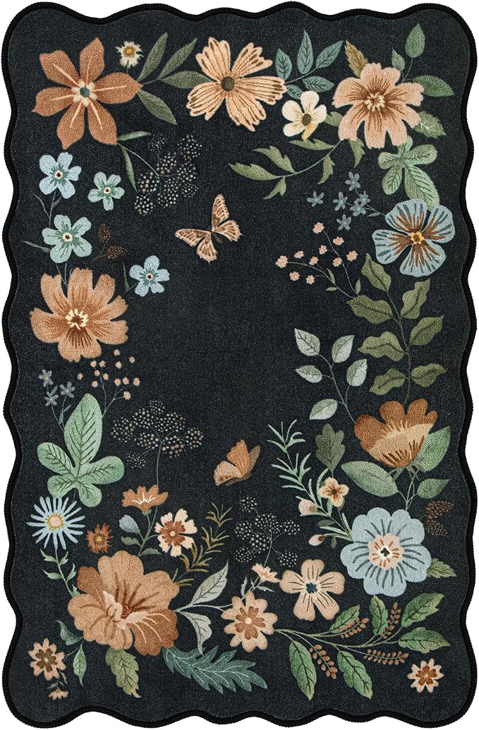 Lahome Floral Washable Rugs for Bedroom Entryway, 4X6 Living Room Rug | Ultra-Thin Non-Slip Soft Stain Resistant Boho Throw Carpet for Office Entryway Dining Room Flore (4x6ft, Black/Grey)