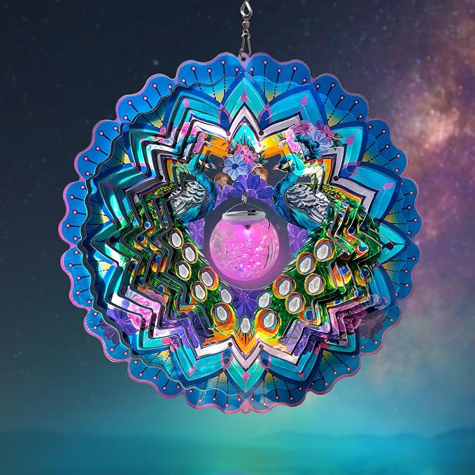 FONMY Solar Wind Spinner Mandala Peacock Christmas Decoration Worth Gift 3D Stainless Steel Hanging Wind Spinners Indoor/Outdoor Garden Décor Kinetic Yard Art 12 Inches Multi Blue Wind Sculpture