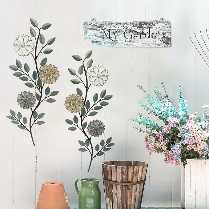 2 Pcs Metal Flower Leaves Wall Art Spring Wall Decor Living Room, 15.75 Inch Vintage Rustic Branch Leaf Wrought Iron Scroll Art Decor for Summer Bedroom Indoor Outdoor Decorations(Green)