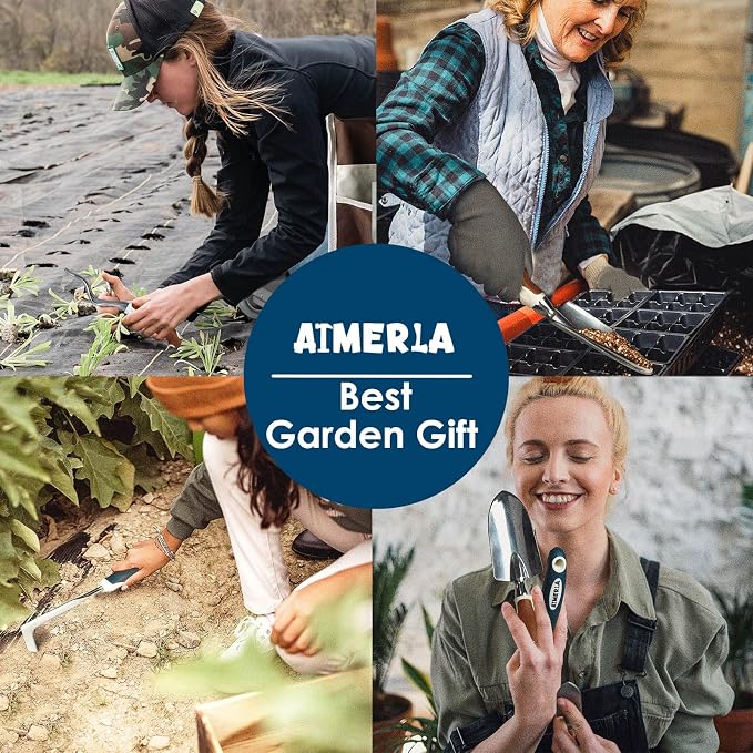 Aimerla Gardening Tools Set of 9 Heavy Duty Garden Tools with Non-Slip Rubber Grip with Large Garden Bag, Durable for Garden, Weeding, Gifts for Women,Men