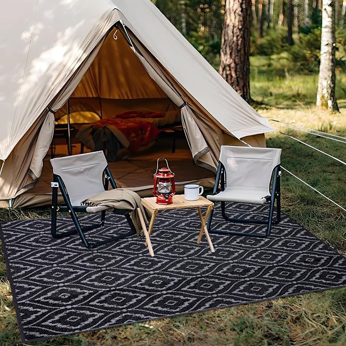 OLANLY Outdoor Rug 8x10 ft Waterproof, Outdoor Plastic Straw Rug with Geometric Pattern Clearance, Reversible RV Mat for Patio, Camping, Balcony, Deck, Backyard, Black & Grey