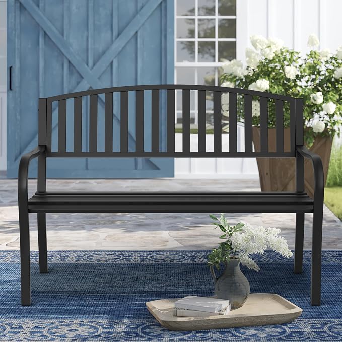 Outdoor Bench Garden Bench, Weatherproof Anti-Rust Heavy-Duty Outside Benches Clearance, Wrought Iron Metal Bench for Front Porch, Patio, Park