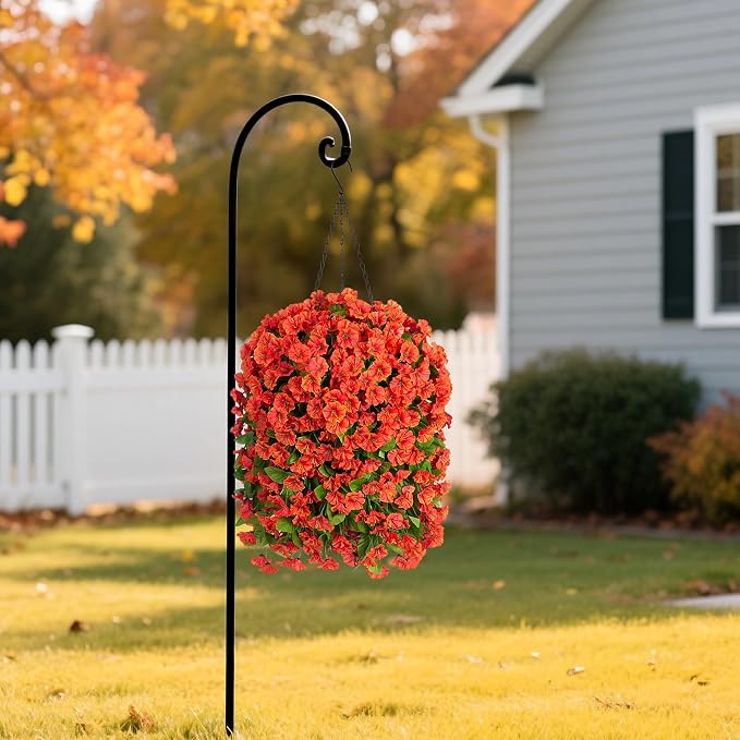Ammyoo Artificial Faux Hanging Flowers Basket for Fall Outdoor Porch Decor, Fake Silk Colorful Morning Glory Eucalyptus in Planter UV Resistant Look Real for Home Balcony Yard(Orange)