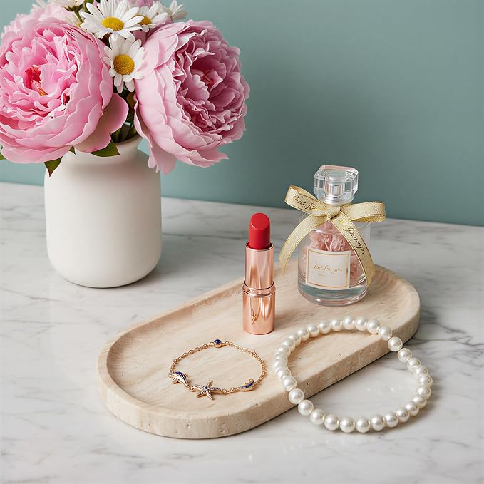 Travertine Vanity Tray for Bathroom Counter, 10"x5" Natural Marble Tray, Hand Polished, Perfume Organizer with Non-Slip Base, Candles, Stone Jewelry Dish (Travertine Beige, 9.8X4.7)