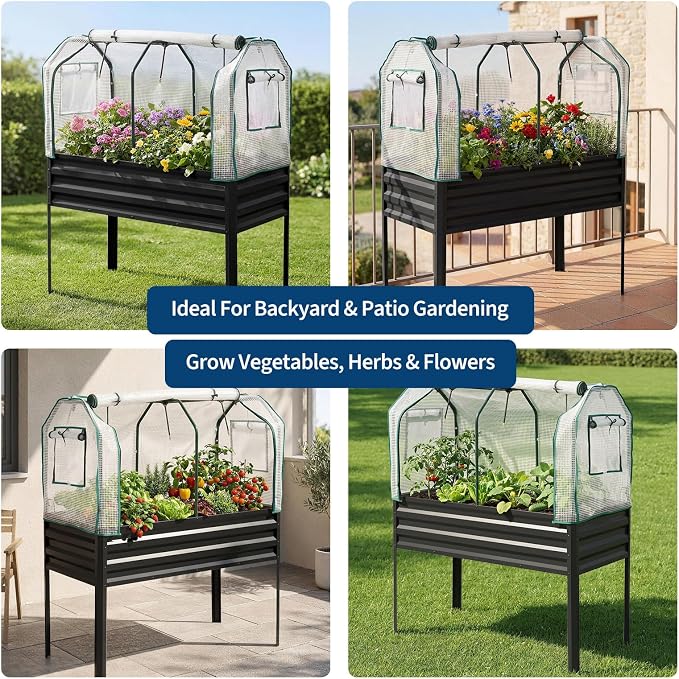 48Ć24Ć56in Galvanized Elevated Raised Garden Bed with Legs, Greenhouse Cover & Bird Net, Deep Metal Raised Planter Box for Backyard Patio Balcony Vegetables Herbs Flowers