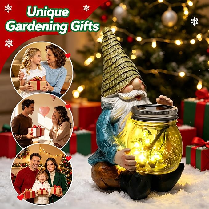VOOKRY Solar Garden Gnome Statues, Outdoor Gnome with Firefly Solar Lights | Birthday Gifts for Mom Women Christmas Mother's Day, Garden Figurines for Yard Decor Patio Porch Lawn Ornaments