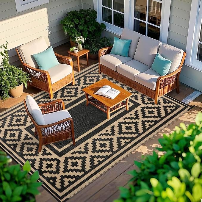 Outdoor Patio Plastic Straw Rug - 5x8 ft Outdoor Camping Rug Waterproof Reversible, Area Carpet Patios RV, Outside Porch Balcony Deck for Camper, Stripe Black Brown