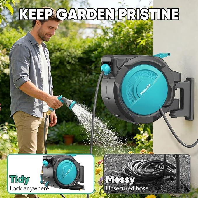 5/8" 110FT Retractable Garden Hose Reel-Heavy Duty Automatic Wall Mounted Hose Reel with 2026 Upgraded UV Resistant, 3/4" Brass Fitting, 10 Pattern Nozzle, 180° Swivel&Any Length Lock Slow Retraction