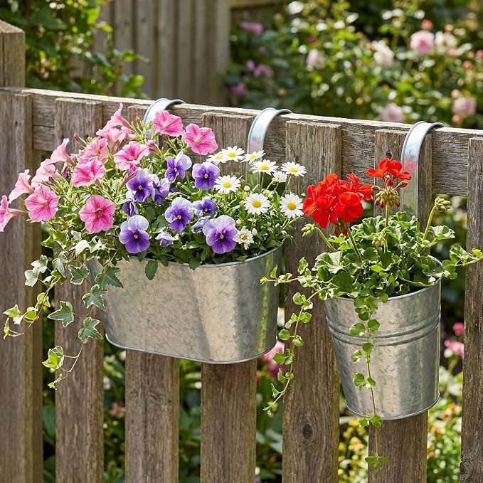 16 Pcs Hanging Flower Pots Planters for Outdoor Metal Iron Wall Flower Planter Baskets for Railing Fence Balcony Garden Yard Home Indoor Decoration with Detachable Hooks (Silver)