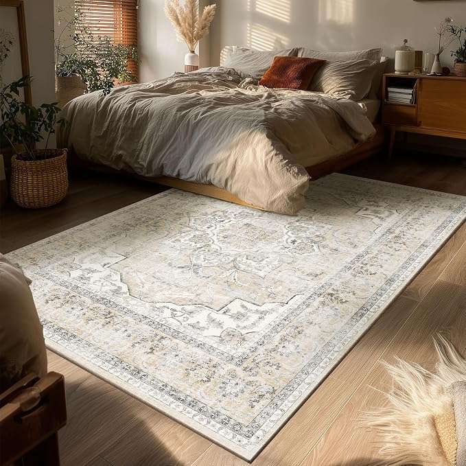 4x6 Washable Area Rugs for Bedroom: Small Living Room Rug with Non Slip Backing Low Pile Soft Faux Wool Distressed Vintage Floral Throw Rugs for Kitchen Entryway Office Dorm Nursery Enytry Indoor