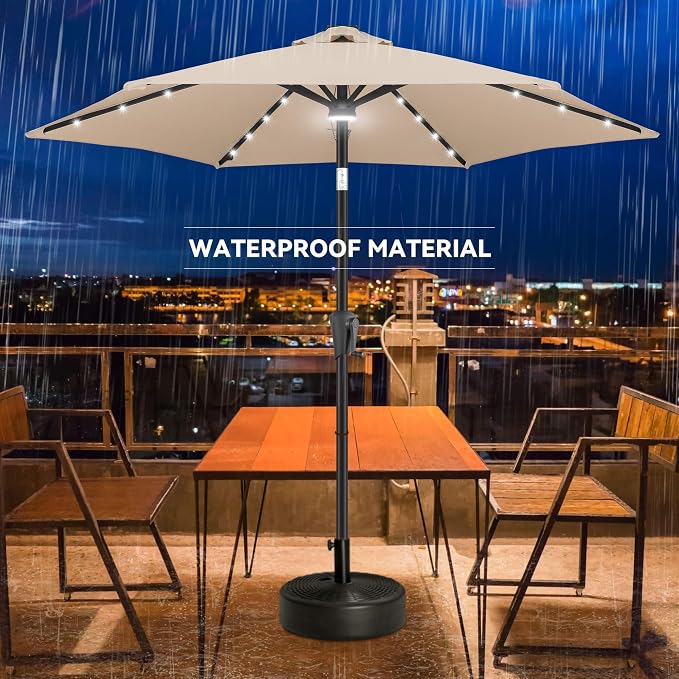 7.5ft Solar Umbrella Outdoor - Lighted Solar Patio Umbrella with 24 LED Lights Waterproof UV Protection, Table Umbrella with Tilt for Pool, Porch, Garden, Deck, Backyard (Beige)