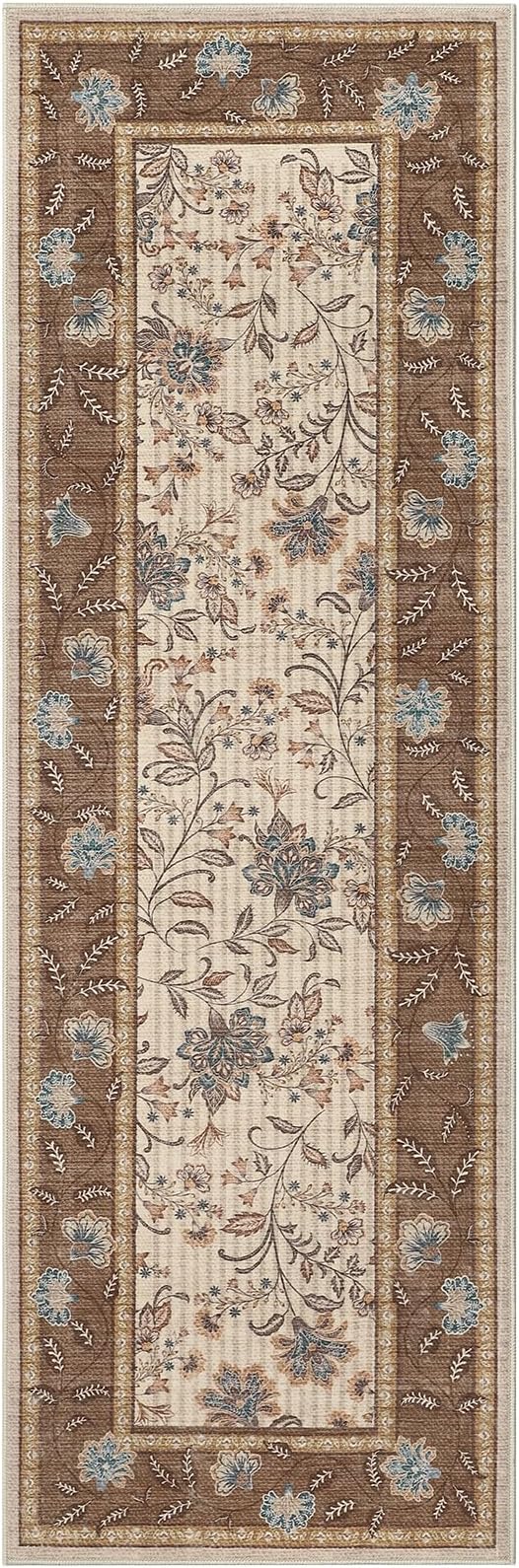 GarveeHome 2x6 Washable Runner Rug Brown Non Slip Kitchen Runner | Hallway Soft Botanical Floral Farmhouse Laundry Mat Stain Resistant Carpet for Bedroom Bathroom Bedside Rug