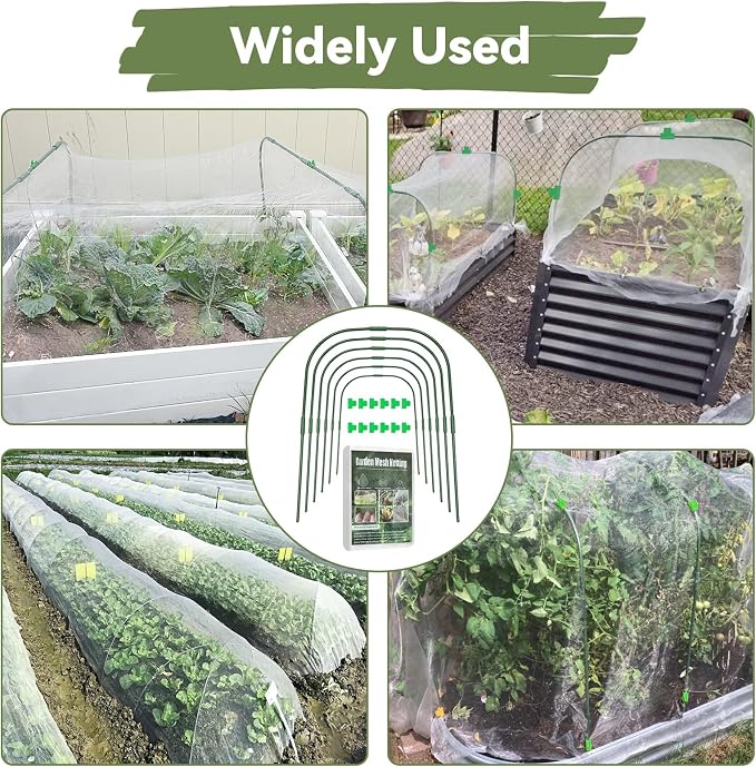 Garden Mesh Netting Kit for Raised Beds, 10 * 30 FT Ultra Fine Plant Netting Covers with 6 Pcs Wide Garden Hoops & 12 Clips, 8 Ground Stakes Protect Greenhouse Fruit Vegetable Flowers from Birds Bugs