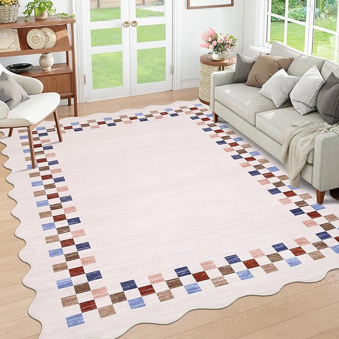 GarveeHome Scalloped Washable Rug 9x12 Area Rug for Living Room Bedroom | Modern Border Large Throw Carpet with Rubber Backing Stain Resistant Neutral Rug for Dining Room Home Decor Office, Colorful