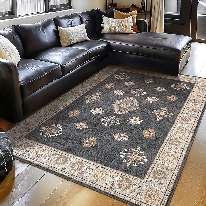 ILANGO Area Rugs 9'x12' Non Slip for Indoor Vintage Washable Rugs for Laundry Entryway Hallway Ultra-Thin Low-plie Floor Carpet for Bedroom Living Room Easy Cleaning