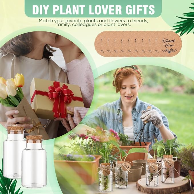 Baderke 24 Pack 4.84'' Plastic Plant Propagation Stations with Hole Lid Planter Vase Clear Propagation Jars with Thank You Tags for Plant Lover Gifts for Women Office Home Garden