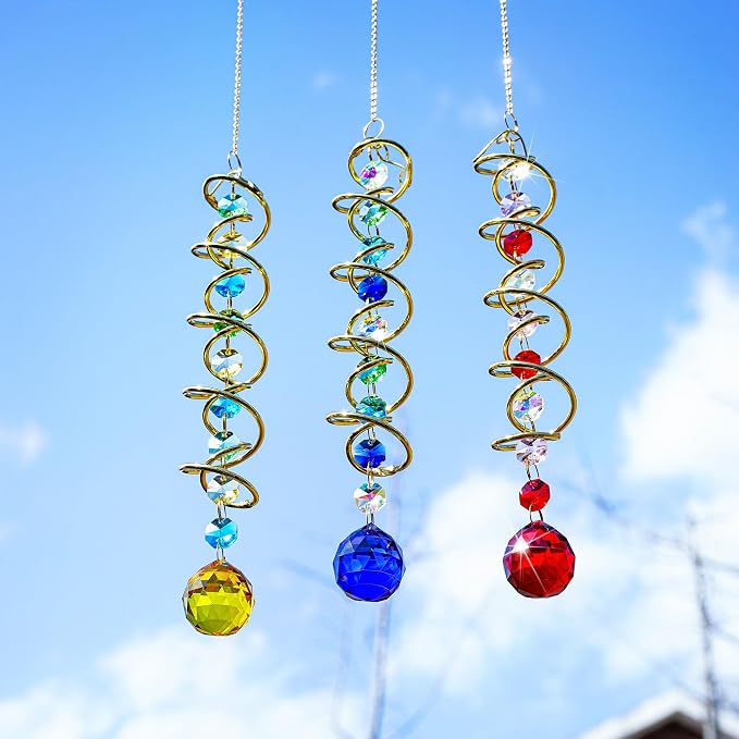 20.5in Yellow Crystal Gazing Ball Spiral Wind Spinner Suncatcher Decor | Yellow Crystal Ball Gazing Spiral Wind Spinner Rainbow Maker Sun Catcher Hanging for Outdoor Garden Patio Indoor Decor