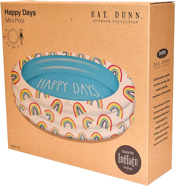 Rae Dunn x CocoNut Float Mini Pool with Rainbow Graphics, Happy Days Theme | Inflatable swimming pool for kids, splash design, easy setup, great backyard fun, durable, perfect for summer parties