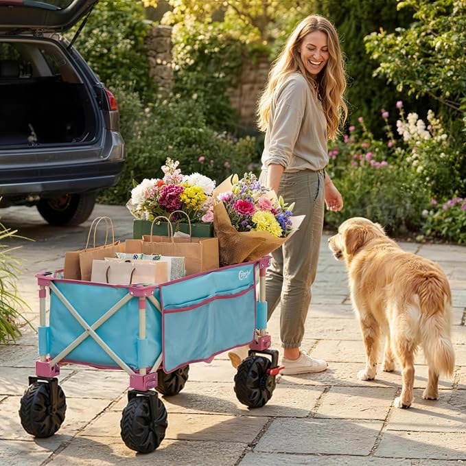 Portal Large Collapsible Wagons Carts, 450 LBs Heavy Duty Beach Wagon with Big Wheels, Foldable Wagon for Beach, Camping, Sports, Grocery