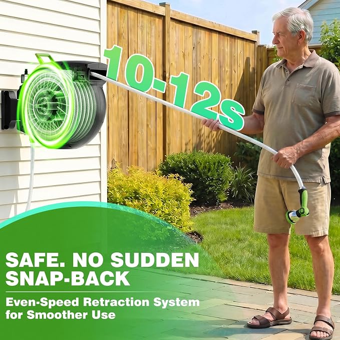 Retractable Garden Hose Reel 100FT x 5/8 in, Wall Mount Water Hose Reel for Outside with Auto Rewind, Tangle-Free Guide, 180° Swivel Bracket, Lock at Any Length, High-Pressure Flow, 10-Pattern Nozzle