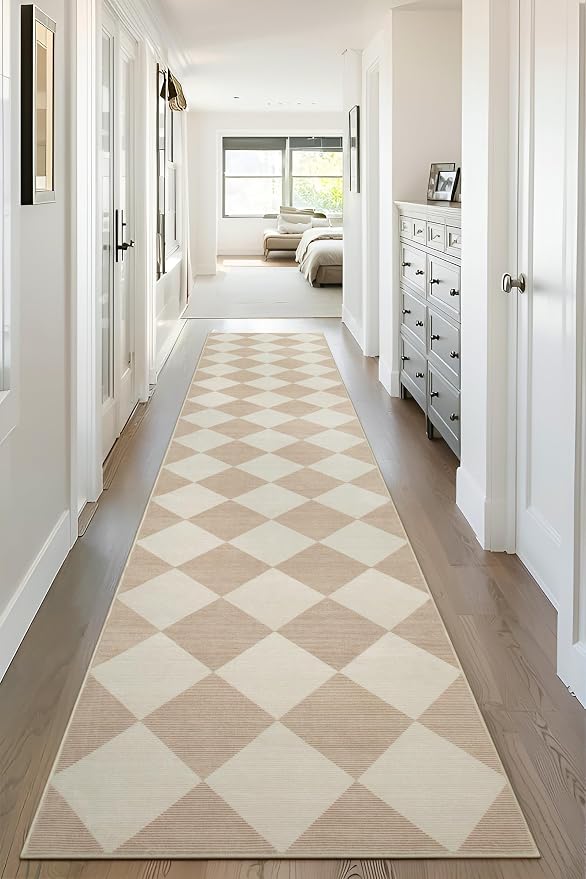 Beeiva Checkered Print Carpet Runners for Hallway 12ft, Beige Neutral Washable Long Hallway Runner Rug 2.5x12, Moroccan Gingham Diamond Carpet Ultra Thin Faux Wool Rug for Kitchen Decor