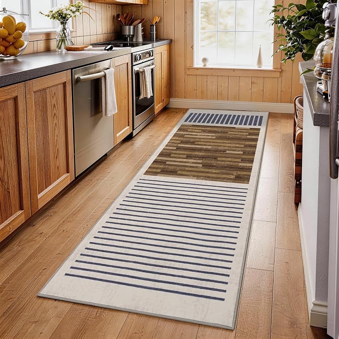 2x6 Washable Runner Rug for Hallway, Modern Geometric, White Brown Black | Striped Abstract Pattern, Ivory Low Pile Non Slip Runner for Kitchen Entryway Laundry Room Bedroom, Soft Faux Wool