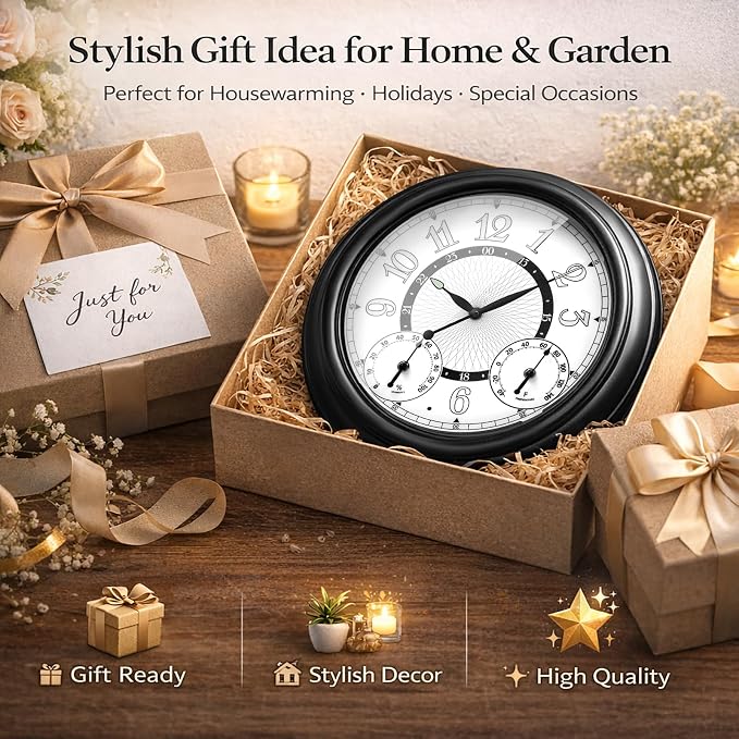 Pytha Sight Illuminated Large Metal Outdoor Clocks Waterproof 18 Inches With AI Auto Light Smart Sensor,Extra Big Indoor Outdoor Wall Clocks With Thermometer & Hygrometer for Patio, Pool, Garden,Porch