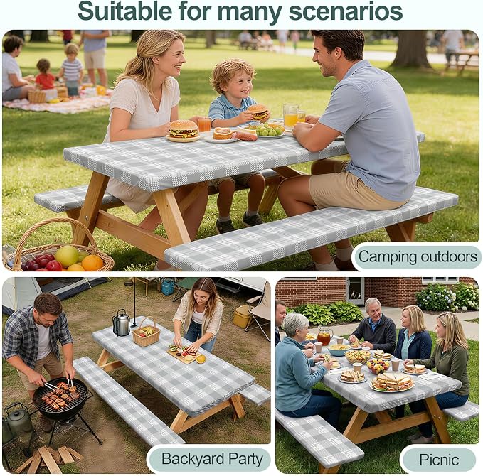 Play Tailor Picnic Table Cover with Bench Covers Camping Essentials Waterproof Windproof Camping Tablecloth with Drawstring Bag, Fitted Rectangle Tables and Seats, 96in, Grey Checkered