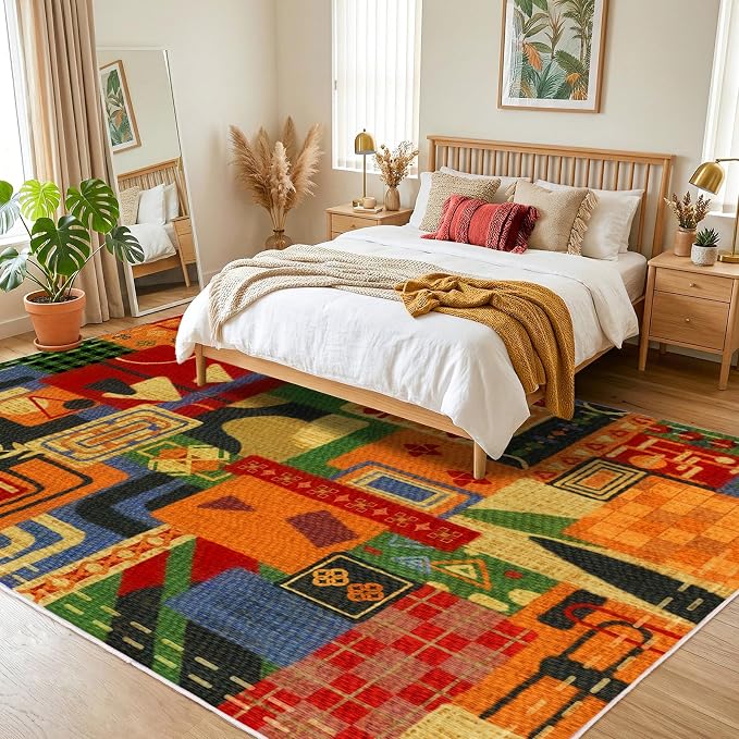 Geometric 6x9 Area Rugs for Living Room, Burnt Orange Washable Large Rug | Non Slip Low Pile Boho Geometric Colorful Rugs for Bedroom| Indoor Carpet for Office Nursery Dining Room Entryway Home Decor