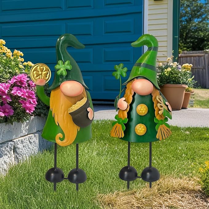 18 Inch Spring Gnomes Outdoor Decor, 2Pcs Metal Gnomes Garden Stakes, Gnome Gifts for Women Outside Decorations for Yard Home Garden Lawn Patio