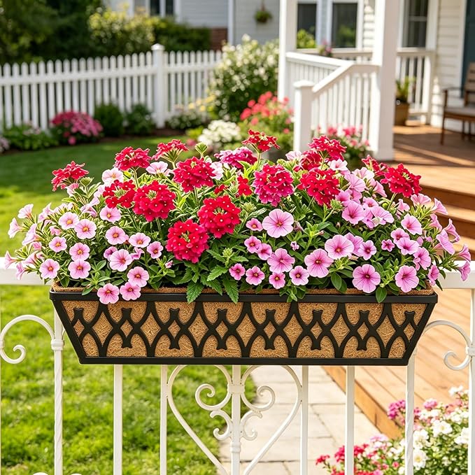 2 Pack 24 Inch Window Boxes Planters Railing Planter Box with Adjustable Brackets for Porch Fence Patio Balcony Hanging Flower Baskets with Coco Liners for Outdoor Garden Décor - Black