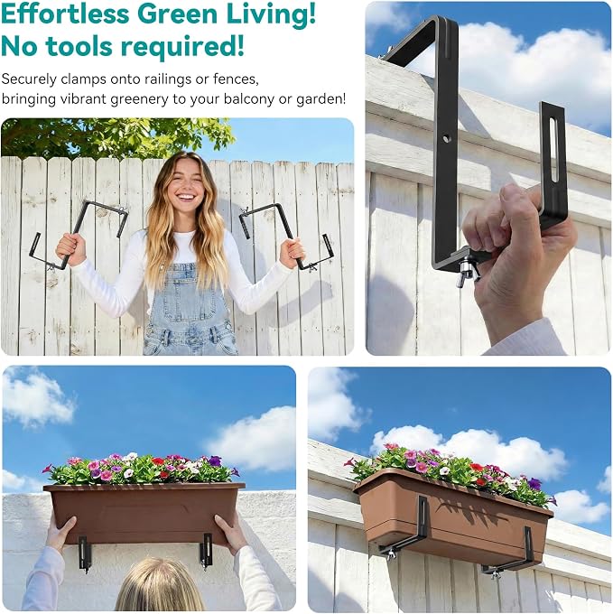 Adjustable Planter Box Brackets,Enhanced Bottom Support,Universal Outdoor Hanging Brackets,Flower Box Brackets for Fence Railings, Windowsill, Patio, Garden,Balcony. (Black)