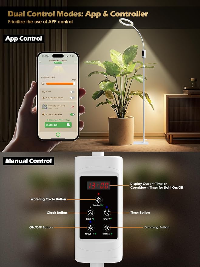 Smart Grow Lights for Indoor Plants, Plant Light with Auto-Timer, Full Spectrum LED Grow Light, Adjustable Height & Stepless Dimming,Plant Assistant Suitable for Most Plants (White, Single Head)