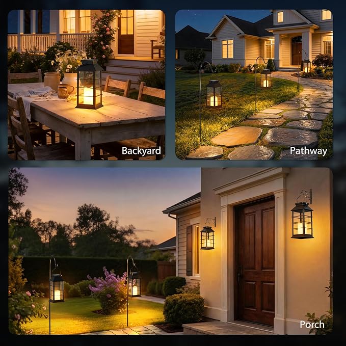 Otdair Solar Lanterns Outdoor Waterproof 4 Pack, 8.62" Retro Solar Lantern with Glass LED Flickering Flameless Candle,Lanterns Decorative Outdoor for Gift, Yard, Garden, Patio, Balcony,Porch, Party