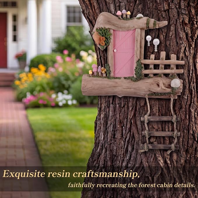 Sliner Fairy Door for Trees Outdoor Resin Fairy Garden Door Accessories with Pearl & Crystal Hanging Accents Miniature Gnome House for Garden Wall Outdoor Decorations Tree Trunk (Pink)