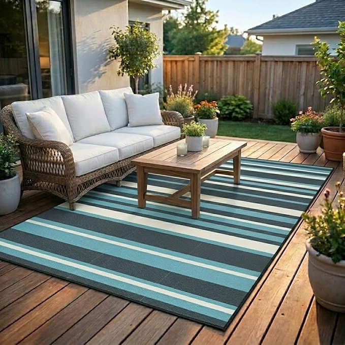 Outdoor Rug Camping Essentials - 4x6 FT Outdoor Plastic Straw Rug for Patio Clearance, Waterproof RV Essentials Outside Area Rug for Deck Garden, Backyard Patio Furniture Set, Dark Grey & Blue