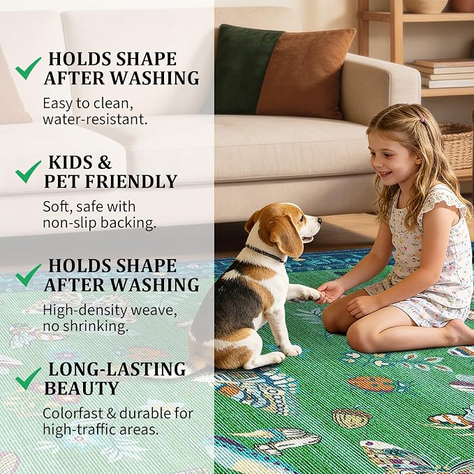 ROYHOME Mushroom Insect 3x5 Area Rug for Nursery Bedroom Blue Green | Playroom Entryway Doormat Washable Bug Moth Cute Funky Cottage Core Whimsical Boy Rugs Low-Pile Non-Slip TPE Backing