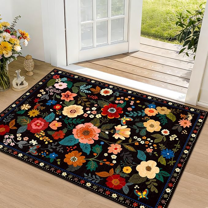 RELEANY Floral Washable 2x3 Area Rugs Doormat Black | Flower Carpet, Print, Boho, Non-Slip, Easy to Clean, Soft, Low Pile for Living Room Bedroom Kitchen Office Entryway Hallway