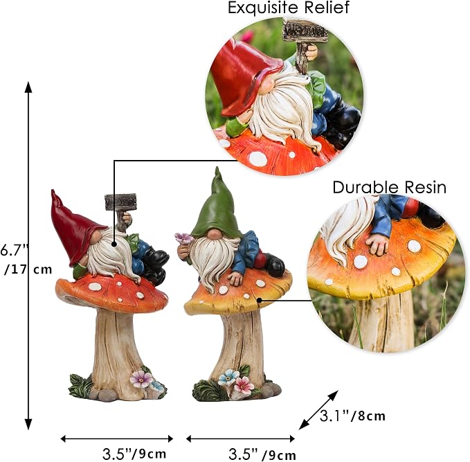 TERESA'S COLLECTIONS Resin Statues for Yard, Set of 2 Cute Garden Gnomes on Mushroom Statues for Outdoor Patio Porch Lawn, Ideal Gift for Dad Mom Birthday, Outside Decor Housewarming Gifts, 7"