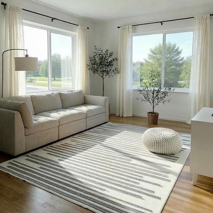GarveeHome 5x7 Non Slip Striped Area Rug for Living Room Bedroom Classroom | Modern Minimalist Washable Low Pile Indoor Carpet Stain Resustant Rugs for Guest Room Home Office, Black Grey