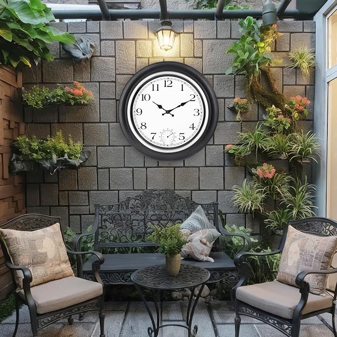 JoFomp Large Waterproof Outdoor Clock with Thermometer Combo - 18 inch Silent Non Ticking Quartz Battery Operated Wall Clock for Patio, Home, Pool, Garden, Porch, Deck (Silver, 18 Inch)