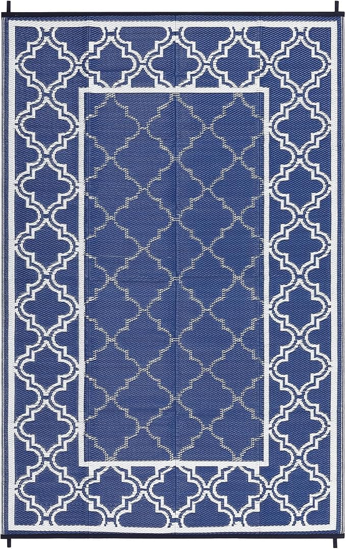 Garvee Reversible Outdoor Rug 5x8, Waterproof Outdoor Plastic Straw Rug with Interlacing Pattern, RV Mat for Picnics, Patio, Camping, Balcony, Deck, Backyard, Porch, Blue
