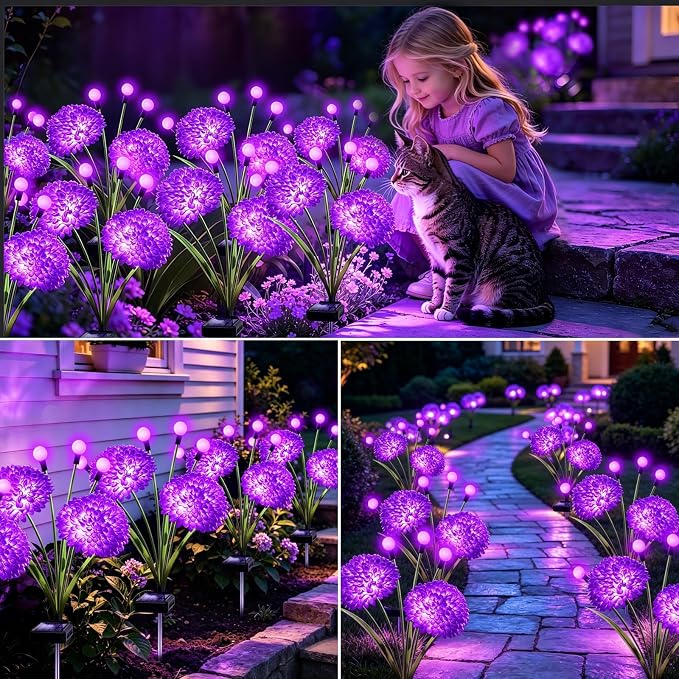 VOOKRY Solar Flowers Outdoor Waterproof, 4 Pack Purple Garden Lights with Swaying Firefly Lights, Flower Light Garden Decor for Yard Patio Pathway Lawn Grave, Gardening Gifts for Women Birthday