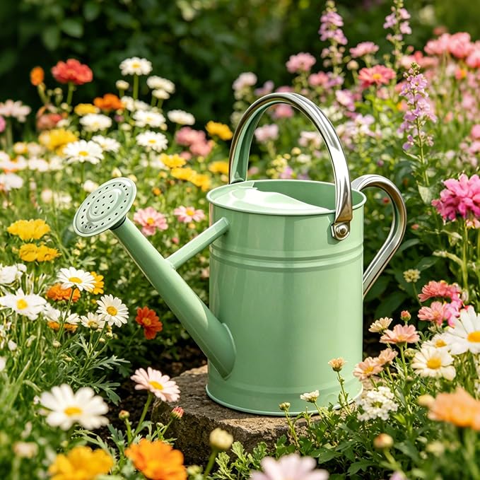 Metal Watering Can for Outdoor and Indoor Plants, Watering Can Decor, 1 Gallon (Cream Green)
