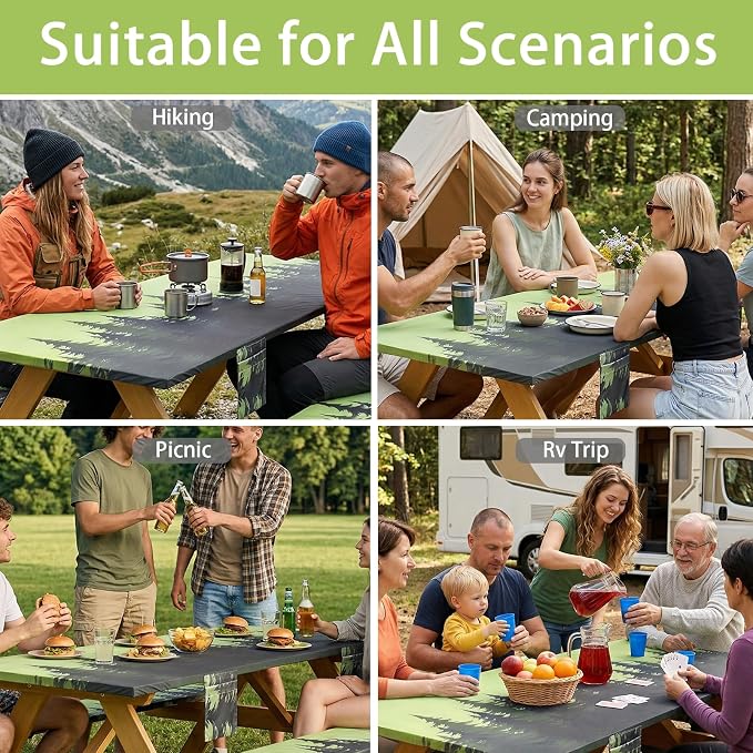 Fitted Waterproof Picnic Table Cover with Bench Covers Elastic 96×30In 3 Piece Camping Table Cloth for 8Ft Rectangle Tables Outdoor Camper Gifts Supplies Patio Rv Traveling Hiking Must Haves