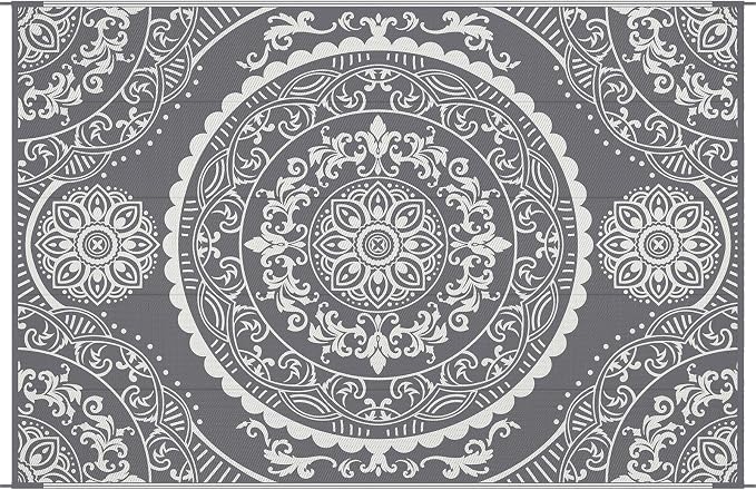 Pauwer Waterproof Outdoor Rug 6x9, Reversible Plastic Straw Patio Camping Rug, Indoor Outdoor RV Mat Carpet for Deck, Camper, Porch, Balcony, Backyard, Picnic, Paisley Grey