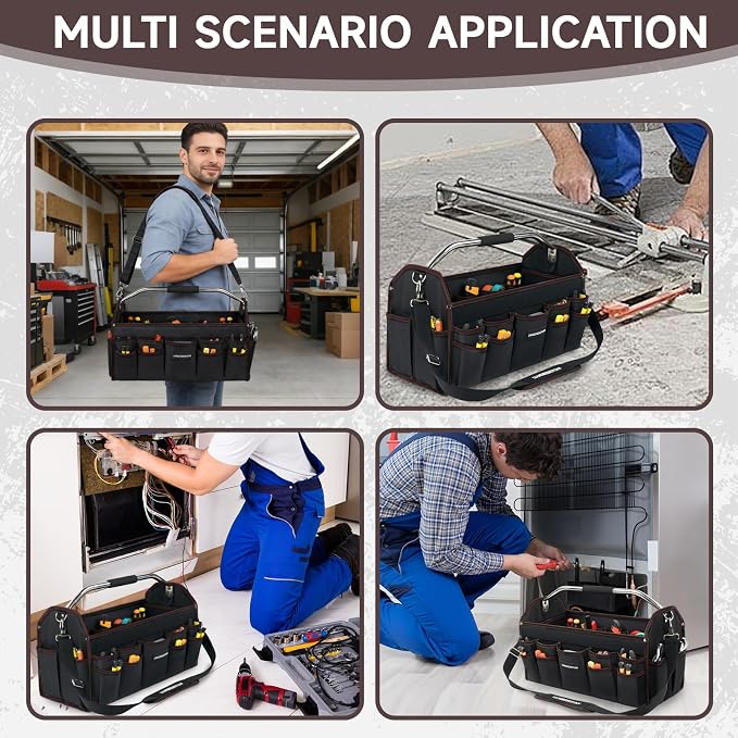 20 In Tool Carrier, Open Top Tool Tote 30 Pockets, Waterproof Tool Bag For Men, Foldable Wide Mouth Electricians Tool Bag, With Stainless Steel Handle and Removable Shoulder Strap