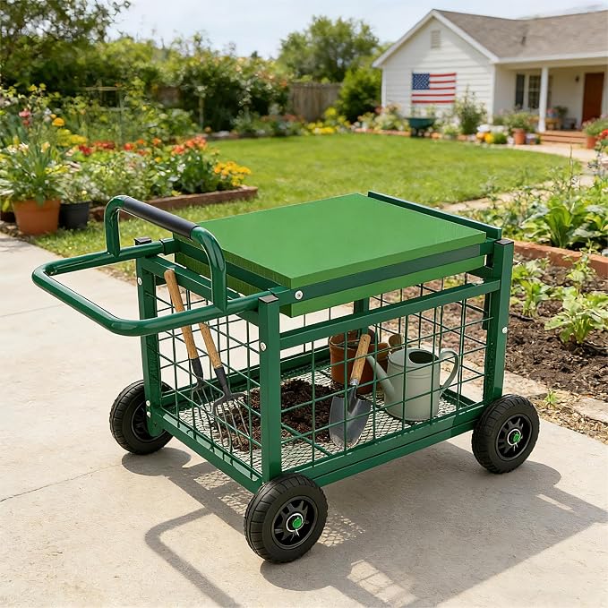 Extra-Large Rolling Garden Cart and Kneeler, 4-in-1 Garden Seat with Wheels | Heavy Duty Gardenning Cart with Seat and Kneeler, Rolling Stools with Wheels for Seniors Gardening