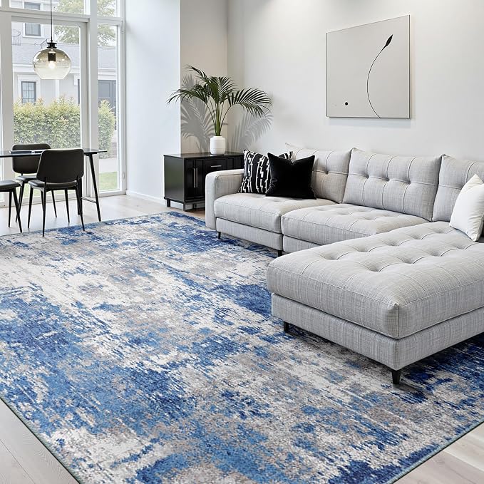 RELEANY Washable Square 10' x10' Area Rug for Living Room Blue Gray | Carpet for Bedroom, Kitchen, Office, Hallway and Entryway, Printed Pattern, Non‑Slip, Soft, Stain‑Resistant, Easy to Clean